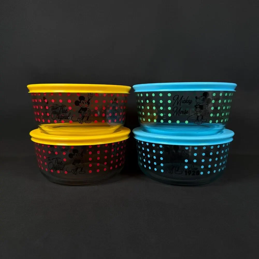 Lot of 4 Pyrex Mickey Mouse Disney Storage Bowls w lid Set Vintage 6